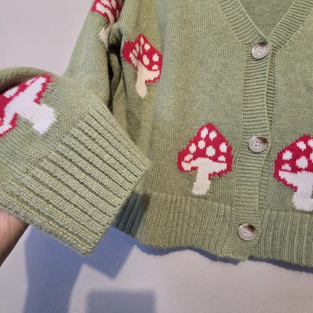 Mushroom Cropped Cardigan Womens LG Green Bohemian Cottage Goblin Woodsy Fairy - Picture 3 of 7